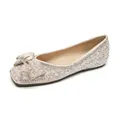 Champagne pointed flat shoes with sparkling rhinestones and pearl bow detail - EU 35 / Square Toe