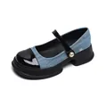 Platform Mary Jane shoes in blue denim and black patent leather with pearl detail - 34 / Blue