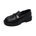 British style black matte leather platform loafers with gold coin buckle ornament - EU 34 / Matte Black