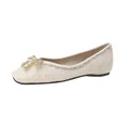 Elegant square toe flat shoes with sparkling sequins and rhinestone bow in beige - EU 35 / Square Toe