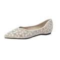 Beige pointed toe flat shoes with sparkling rhinestones and pearls for weddings - EU 35