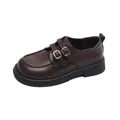 Dark brown platform Mary Jane loafers with double metal buckles and matte leather finish - EU 35 / Brown