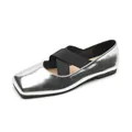 Silver metallic square toe ballet flats with black criss-cross elastic straps for women - EU 35 / Silver