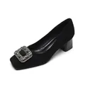 Elegant black suede square toe block heel pumps with sparkling crystal buckle - EU 38 / Black (Matte Rhinestone)