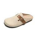 Classic beige suede mule with brown adjustable strap and cork sole on white background - EU 35 / Milk Camel