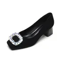 Elegant black square toe chunky heel pumps with sparkling rhinestone buckle decoration - EU 38 / Black (Shiny Rhinestone)