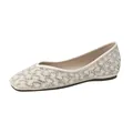 Champagne flat shoes with white pearls and sparkling rhinestones in a grid pattern - EU 35 / Square Toe (5933-10)
