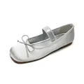 Silver square toe Mary Jane ballet flats with satin bow and elastic strap for women - EU 35 / Silver