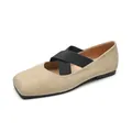 Square toe ballet flats in beige suede finish with black elastic crisscross straps - EU 35 / Apricot