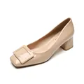 Elegant beige patent leather square toe pumps with block heel and buckle detail - 34 / Nude Pink