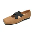 Brown square toe ballet flats with black crisscross elastic straps and matte finish - EU 35 / Brown