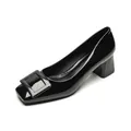 Elegant black patent leather block heel pumps with classic square buckle and square toe - 34 / Black