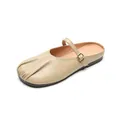Flat beige Mary Jane mules with pleated leather texture and metallic buckle strap - EU 35 / Khaki