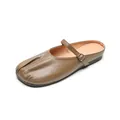 Deep khaki leather Mary Jane mules with pleated toe design and adjustable metal buckle - EU 35 / Brown