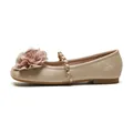 Champagne square toe flat shoes with 3D floral accent and delicate gold chain detail - EU 35 / Khaki