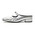 Mules Mary Jane argentées à bout carré en cuir métallisé plissé et talons blocs - EU 34 / Argent