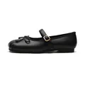 Elegant black leather Mary Jane ballet flats with bow detail and gold buckle strap - EU 35 / Black Matte