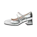 Silver metallic Mary Jane pumps with rhinestone buckles and chunky mid-heels - EU 34 / Silver