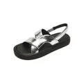 Silver metallic wide strap sandals with black platform soles and elastic back straps - EU 35 / Silver