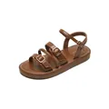Brown platform sandals with multiple straps, metallic buckles, and white stitching detail - EU 35 / Brown
