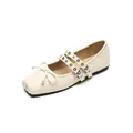 Chic square toe Mary Jane flats in cream white with bow and double grommet straps - EU 35 / Apricot