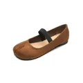Brown suede Tabi Mary Jane flats with split toe design and elastic strap on white background - EU 35 / Brown