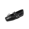 Elegant black square-toe Mary Jane flat shoes with bow detail and double straps - EU 35 / Black