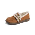 Brown suede platform loafers with white faux fur lining and golden metal buckle detail - EU 35 / Acorn