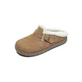 Mules en daim camel avec doublure chaude en peau lainée et bride à boucle métallique - Châtaigne (Mule Doublé Polaire)