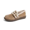 Brown suede platform loafers with faux sheepskin lining and golden buckle detail - EU 35 / Apricot