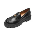 Classic black platform loafers in matte leather with a vintage gold floral metal buckle - EU 34 / Matte Black