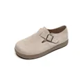 Mules à plateforme en daim abricot avec boucle en bronze réglable et bout rond - Camel de Lait Doublure Simple