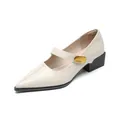 Chic beige pointed toe Mary Jane pumps with elegant gold buckle and black block heels - EU 34 / Apricot