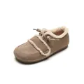 Camel suede Birkenstock style flat clogs with warm faux shearling lining and decorative knot - EU 35 / Khaki