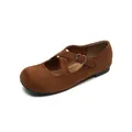 Brown suede Mary Jane ballet flats with cross straps and round toe on white background - EU 35 / Brown