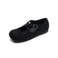 Classic black suede Mary Jane ballet flats with cross straps and metal buckle closure - EU 35 / Black