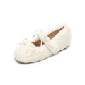 White fleece Mary Jane flats with bow detail and warm brown lining for winter - EU 35 / Off White