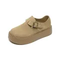 Retro khaki suede platform loafers for women with adjustable metal buckle strap - EU 34 / Apricot