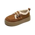 Brown suede platform loafers with faux fur lining and double metal buckles for winter - EU 35 / Chestnut