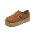 Retro brown suede platform Birken-style clog with bronze buckle strap detail - EU 34 / Acorn