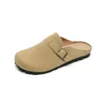 Khaki suede closed-toe mule clogs with adjustable metal buckles and non-slip rubber soles - EU 35 / Apricot