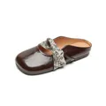 Dark brown patent leather square toe mule with floral fabric bow strap detail - EU 35 / Brown