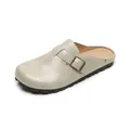 Light gray French-style Birkenstock clogs with leather texture and metal buckle - 35 / Light Gray