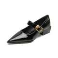 Zapatos Mary Jane negros de punta con tacón grueso y hebilla dorada de estilo francés chic - EU 34 / Negro