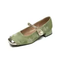 Zapatos Mary Jane retro de terciopelo verde con punta cuadrada, ribete dorado y perla - EU 34 / Verde