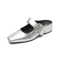 Silver square toe mule sandals for women with luxury rectangular rhinestone buckle - EU 34 / Silver