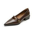 Deep brown pointed toe Mary Jane shoes with gold rose buckle and low block heels - EU 34 / Brown