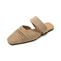 Camel suede pointed-toe mule flats with retro pleated upper and wide strap details - EU 35 / Apricot