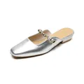 Silver square-toe mules with metallic finish and gold rivet details for women - EU 35 / Silver