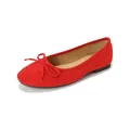 Elegant red suede ballet flats with round toe and bow detail in 45-degree view - EU 38 / Red